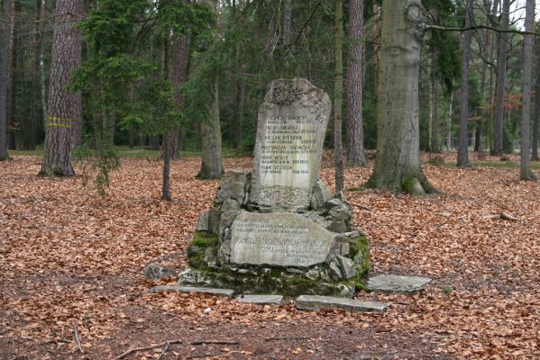 Císařská studánka, 10.4.2008
Pomník myslivců. Spolu s kapličkou to za několik let budou jediné připomínky časů, kdy zde stávala lesní rezervace. 
Klíčová slova: Hradec Králové Císařská studánka pomník