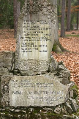 Císařská studánka, 10.4.2008
Pomník myslivců. Spolu s kapličkou to za několik let budou jediné připomínky časů, kdy zde stávala lesní rezervace. 
Klíčová slova: Hradec Králové Císařská studánka pomník