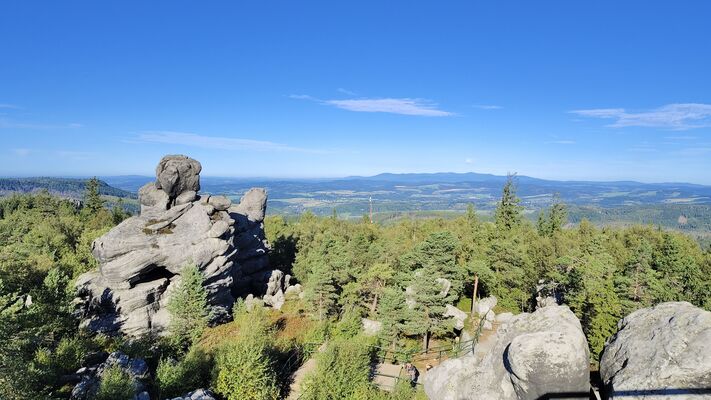 Karlów, 20.9.2025
Velká Hejšovina - pohled z vrcholu na Kačenky a Krkonoše.
Klíčová slova: Karlów Stolové hory Góry Stołowe Velká Hejšovina Szczeliniec Wielki