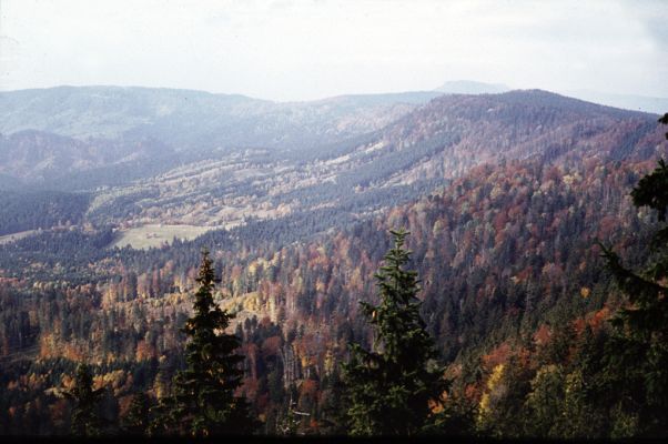 Očová, 10.10.1987
Kaldera Poľany. Vlevo jsou vidět přirozené jedlobukové lesy na svazích Konce.
Klíčová slova: Očová Slovenské Rudohorie Poľana Konce